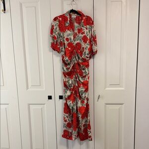 Ganni Ruche Red Floral Maxi Dress